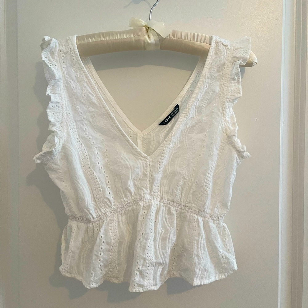 SHEIN White Eyelet Ruffle Blouse